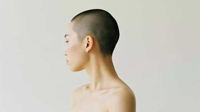 横顔になり、Eライン（イーライン）をアピールする、坊主頭の素肌の女性