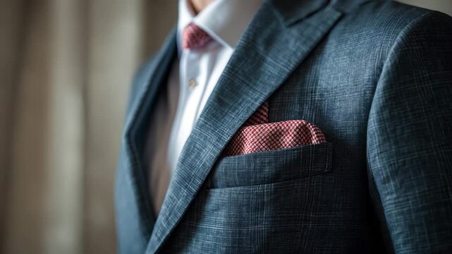 Close-up of fabric detail, jacket pocket view, stylish background for your message.