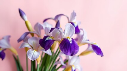 Obraz premium a bouquet of purple and white iris flowers on a light pink background