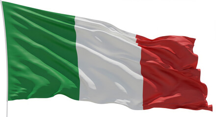 Obraz premium Waving Italian Flag with Green White and Red Stripes Fluttering Proudly in the Wind Symbolizing National Pride and Unity against a Clean White Background