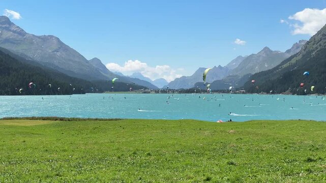 Kiteboarding on the Silvaplanersee Switzerland. Lots of ppl showing their tricks