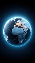Obraz premium A glowing representation of Earth, showcasing continents and interconnected lines, symbolizing global connectivity and technology.