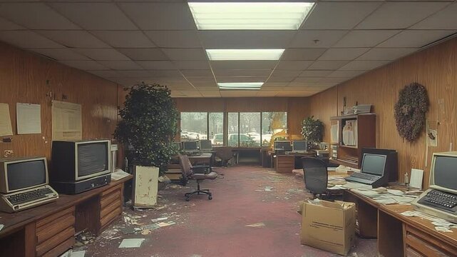 Abandoned office space with cluttered desks, old computers, and overgrown plants in a dimly lit environment