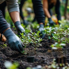 Fototapeta premium Volunteers planting saplings in a community garden