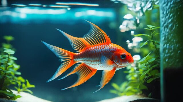 A vibrant orange swordtail fish swimming in an aquarium while pregnant.