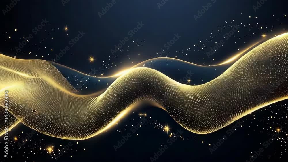 Sticker golden flowing curves and dynamic wave pattern background. futuristic elegant illustration with glow
