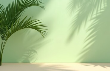 Fototapeta premium Empty stage cosmetic products display background. Green wall with palm leaves shadows, natural light. Modern design with copy space, minimalist, tropical vibe. Perfect for beauty, fashion, lifestyle.