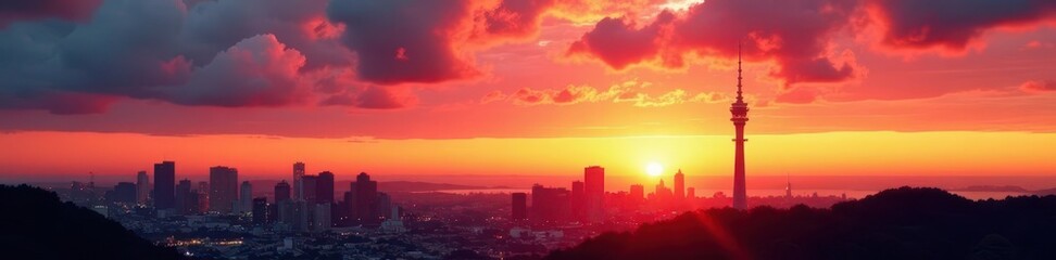 Obraz premium Auckland sunset, Sky Tower silhouette from Mount Eden, cityscape, Sky Tower, nature