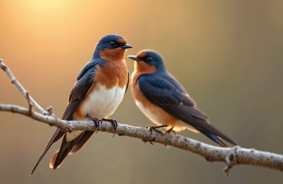 Two barn swallows perch on a thin tree branch at dawn. Birds with blue, orange plumage, sit together. Wildlife photo showcases nature, animal behavior, avian beauty. Birdwatching concept.