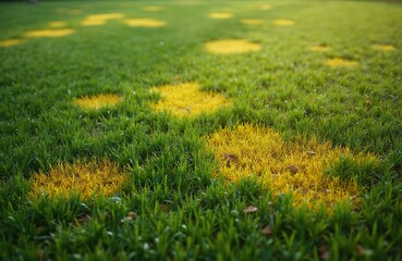 Yellow spots of frozen grass on green lawn. Disease of lawn after winter. Impact of freezing or fungal infection on lawn or grass, care. Problem in gardening, eco awareness.