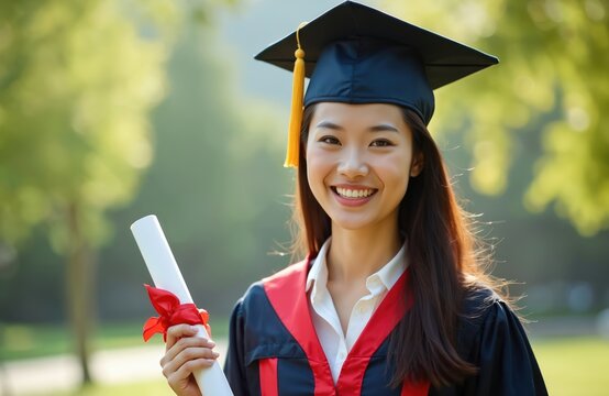 Joyful Asian woman celebrates graduation with diploma in hand. Cheerful girl in cap and gown smiles at camera. Education commencement concept university degree. Academic success student life portrait.