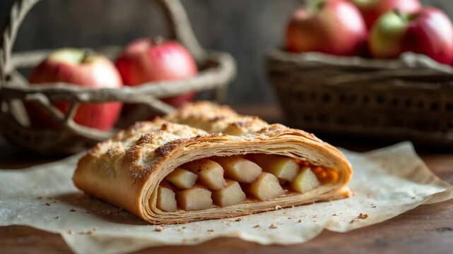 Piece of apple strudel placed on the table