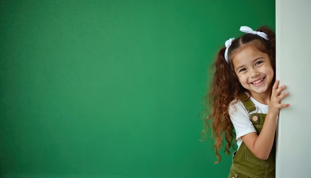 Smiling girl peeks around white corner. Adorable child with curly hair wears olive overalls and white t-shirt. Green background. Fun, joy, happiness and childhood concepts.