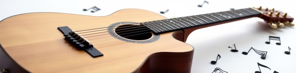 Close-up of guitar and scattered musical notes on white , chord, detail, treble clef