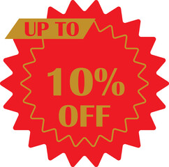 Sale sticker with 10 percent discount offer vector design. Circular shape with point red and yellow flat style. Fall shopping concept. Percentage sign illustration isolated on transparent background.