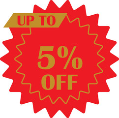 Sale sticker with 5 percent discount offer vector design. Circular shape with point red and yellow flat style. Fall shopping concept. Percentage sign illustration isolated on transparent background.