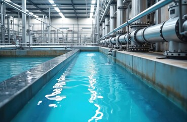 Obraz premium Water treatment tank with wastewater undergoing aeration process. Industrial, factory equipment, purification process, clean water, blue aqua color. Modern tech, eco solutions.