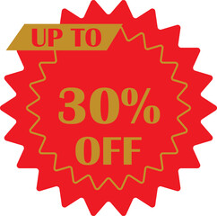 Sale sticker with 30 percent discount offer vector design. Circular shape with point red and yellow flat style. Fall shopping concept. Percentage sign illustration isolated on transparent background.
