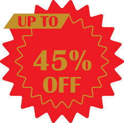 Sale sticker with 45 percent discount offer vector design. Circular shape with point red and yellow flat style. Fall shopping concept. Percentage sign illustration isolated on transparent background.