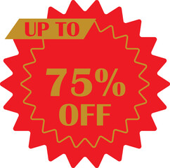 Sale sticker with 75 percent discount offer vector design. Circular shape with point red and yellow flat style. Fall shopping concept. Percentage sign illustration isolated on transparent background.