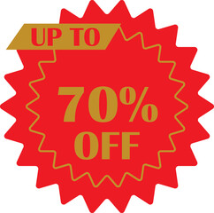 Sale sticker with 70 percent discount offer vector design. Circular shape with point red and yellow flat style. Fall shopping concept. Percentage sign illustration isolated on transparent background.