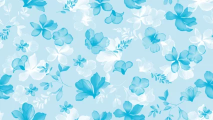 Fototapeten Floral seamless pattern features translucent flowers and leaves in shades of blue and white on a soft blue background. The flowers and leaves have a painterly, slightly abstract quality © momosama