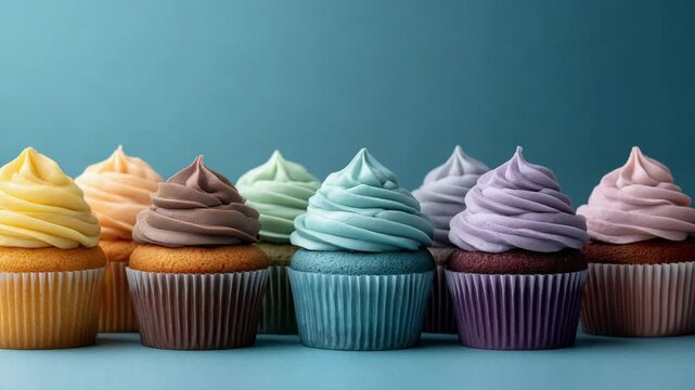 Colorful cupcakes with creamy frosting swirls arranged in a row against a solid pastel background
