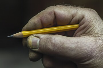 Close-up of a hand holding a yellow pencil.  A weathered hand, with dirt and imperfections, grips a standard wooden pencil.  The focus is on the hand and the pencil, with a slightly blurred background