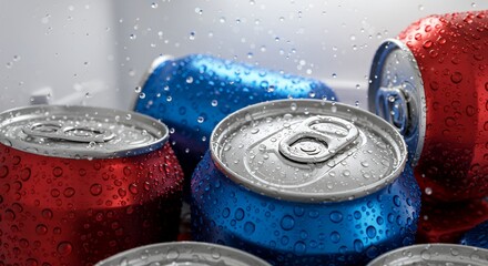 Close-up of Condensation-Covered Red and Blue Soda Cans