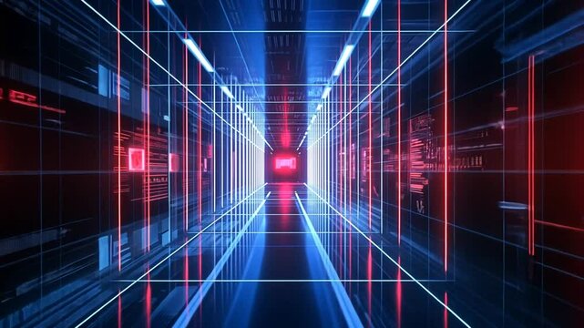 Futuristic server room with bright blue and red lights, creating a high-tech digital corridor vibe - Powered by Adobe