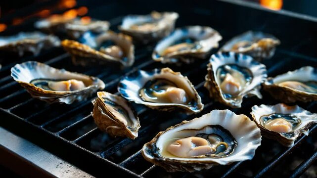 Close-up footage of grilled oysters served by a nearby restaurant. Oysters are a renowned and favored local delicacy.
