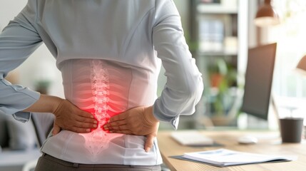 Spinal column: posture imbalance, vertebrae strain, nerve compression, skeletal misalignment, lumbar stiffness, muscle tension, movement restriction, chronic soreness, physical discomfort,