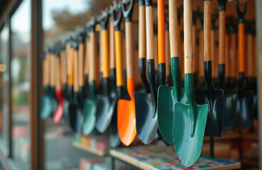 Display shovels shop window. Variety of gardening spades, construction tools. Storefront showcase retail hardware sale. Garden tools on display for customers. Construction building materials. Variety