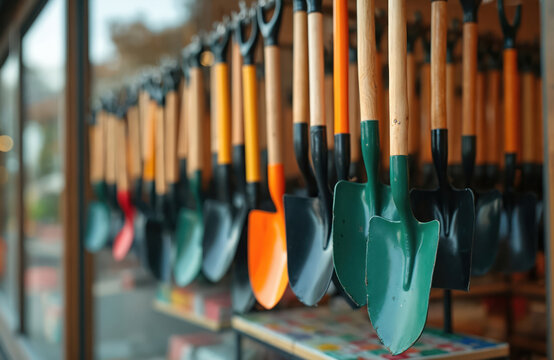 Display shovels shop window. Variety of gardening spades, construction tools. Storefront showcase retail hardware sale. Garden tools on display for customers. Construction building materials. Variety