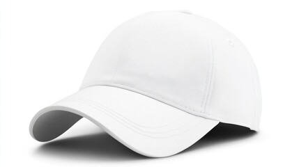 Fototapeta premium a minimalist white baseball cap casting a soft shadow on a pristine white backdrop showcasing its smooth texture and classic silhouette ideal for branding