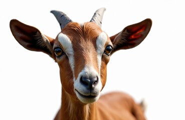 Obraz premium Close-up goat portrait on isolated white background. Brown goat, big eyes with detailed fur. Concept of Eid al-Adha, religious holiday. Farm animal, animal husbandry. Illustration for design projects
