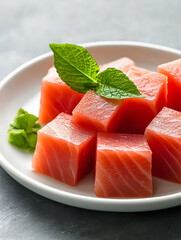 Freshly Sliced Raw Tuna Sashimi on Plate with Arugula Garnish