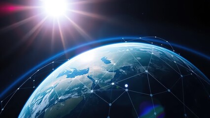 Earth with a network of interconnected lines and nodes, seen from space, bright sunlight illuminating the upper atmosphere