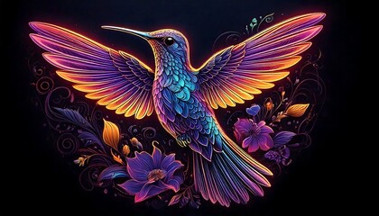 Obraz premium 幻想的な輝きで羽ばたくハチドリと花々の融合アート ― 色彩とディテールが際立つ幻想美の世界