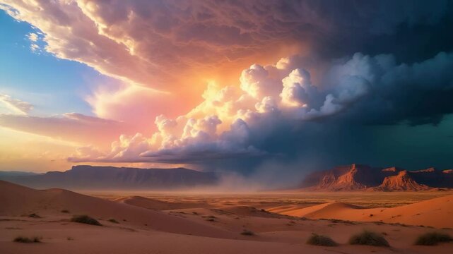A monsoon storm with heavy clouds and vibrant skies envelops a desert and mountains, enhancing the desert's beauty.