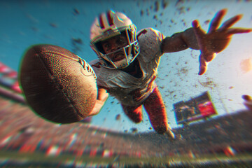 Epic Mid-Air Action Shot of a Pristine American Football Flying Through the Air with Athlete Leaping to Catch in Background – Dynamic Sports Moment, Power, Precision, and Intensity Captured Perfectly