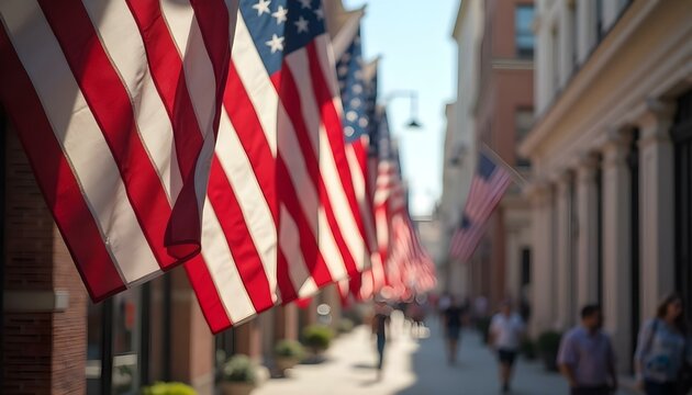A festive display of American flags lines the street outside a building, celebrating July 4th and national pride
