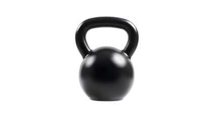 A black kettlebell set against a transparent background, representing exercise and bodybuilding in a gym environment