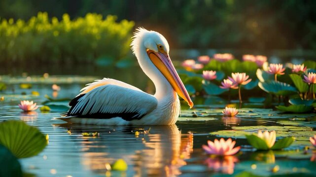 A pelican swims in the pond.