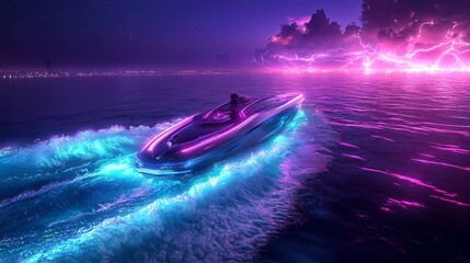 Futuristic Yacht Sailing Through Electric Storm with Neon Lights Effect