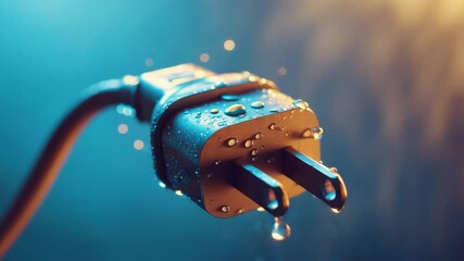 A power plug precariously holds water droplets at its tip, highlighting the dangerous situation with visible moisture.
