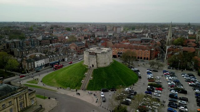 York Castle was a significant medieval fortress and prison complex in York, England, built by William the Conqueror in 1068. 4k, high quality aerial video.