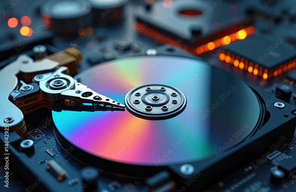 Poster Close-up of a hard disk drive. Data storage tech, digital data backup. HDD repair, recovery, maintenance. Information technology concept. Server, data center, computer hardware component.