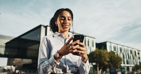 Smile, online and phone with business woman in city for property developer, auction deal or...