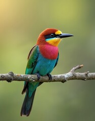 Obraz premium European bee-eater bird perched on branch. Bright, colourful plumage. Beautiful bird, green background. Exotic animal portrait, wildlife photo. Ornithology concept. Focus on feather texture,
